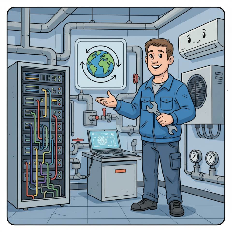 Comic-Darstellung eines Anlagenmechanikers mit Werkzeug und Rohrleitungen bei der Montage einer Heizungsanlage im Technikraum