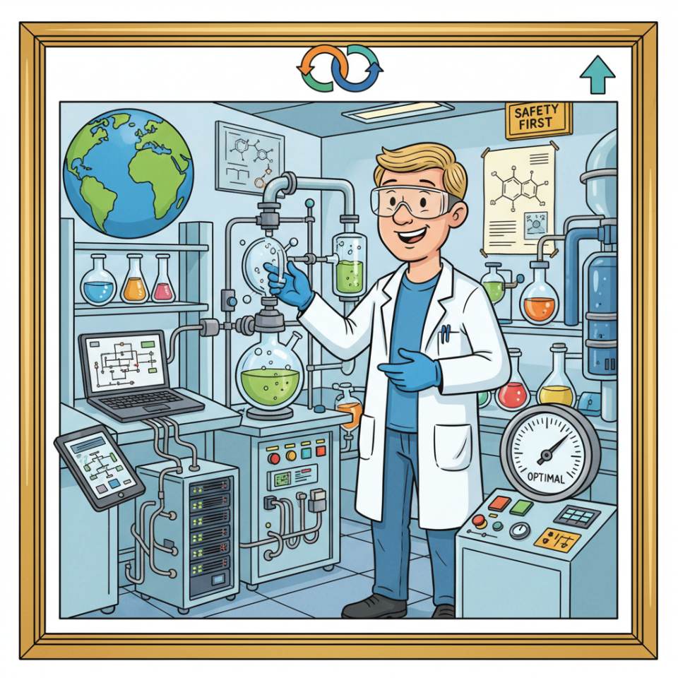 Comic-Darstellung eines Chemikanten mit Schutzhelm und Schutzbrille vor einer chemischen Produktionsanlage