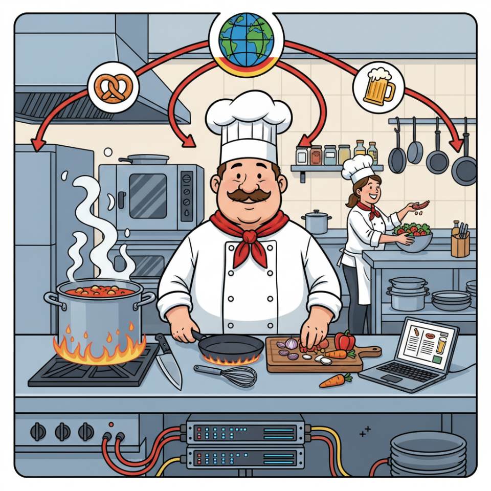 Comic illustration of a cook in the kitchen with chef’s hat, pan, fresh ingredients and a stove