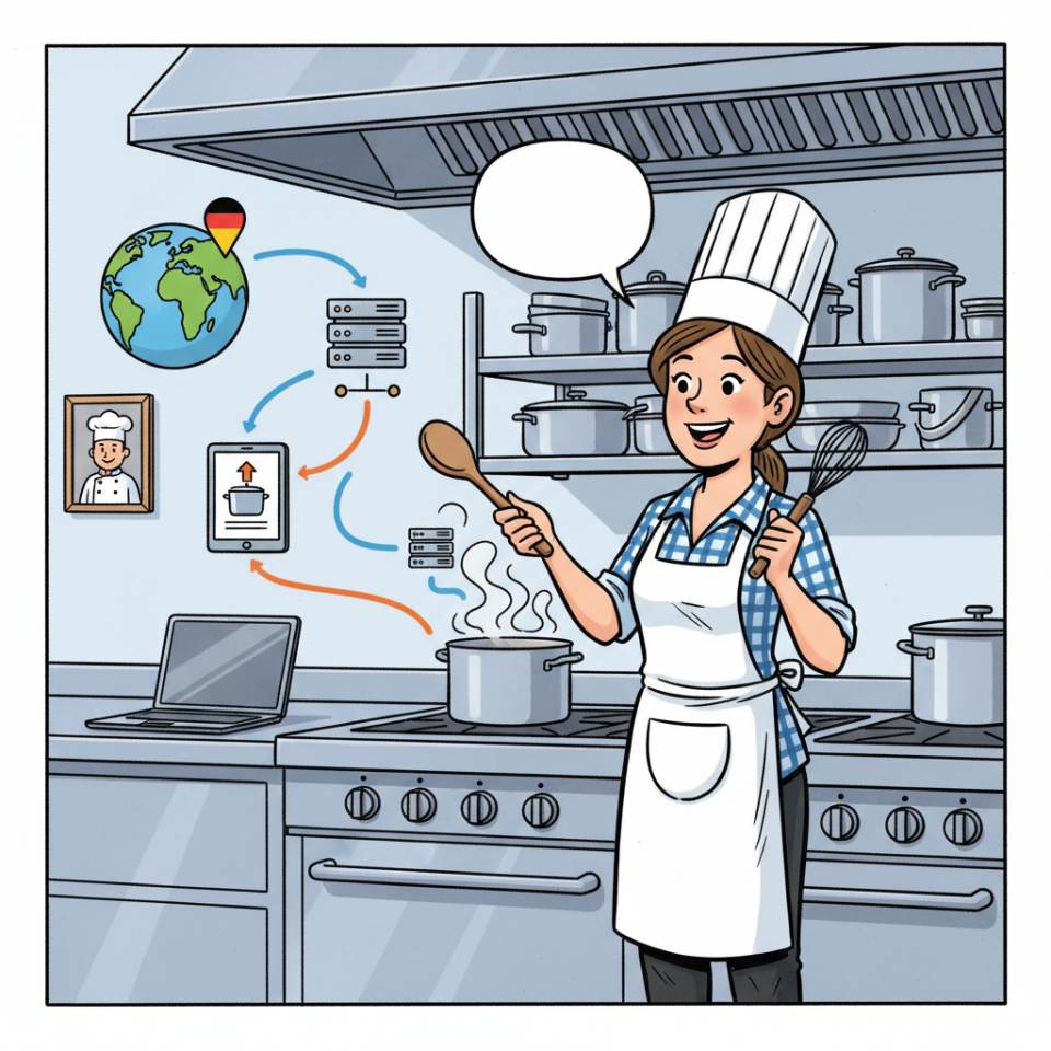 Comic illustration of a kitchen assistant with cutting board, vegetables, dishwashing station and kitchen utensils