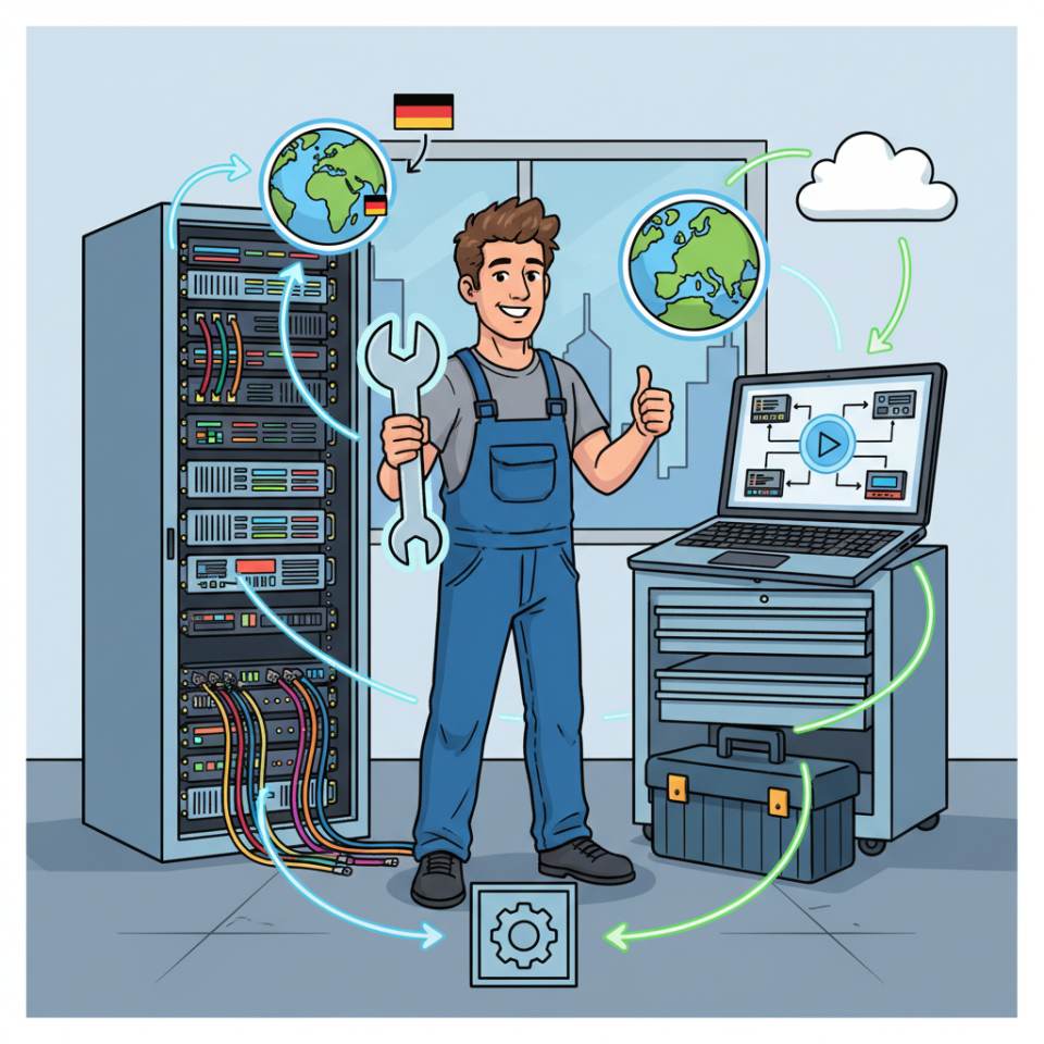 Comic illustration of an assembler with hard hat and tools assembling a module on the shop floor