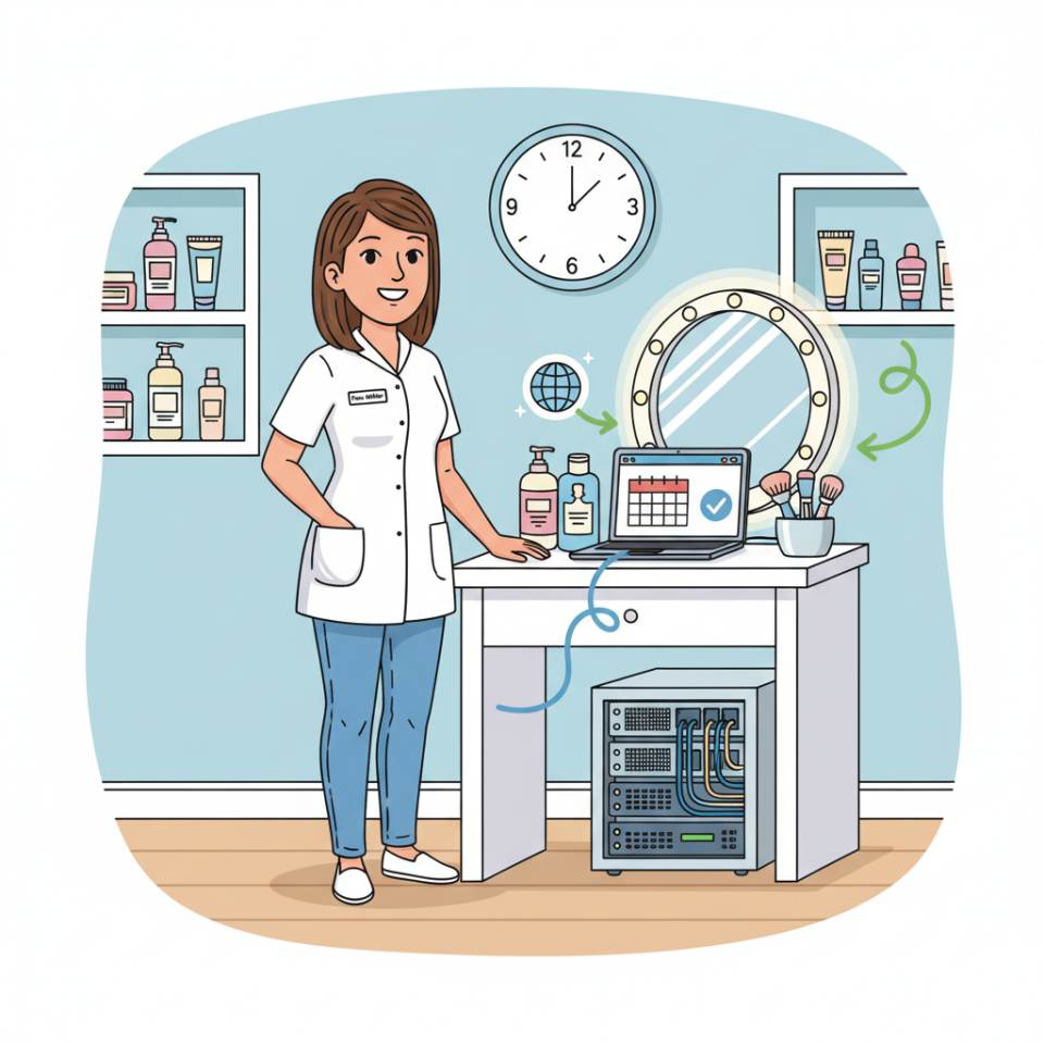 Ilustración tipo cómic de un cosmetólogo realizando un tratamiento facial en un estudio de belleza