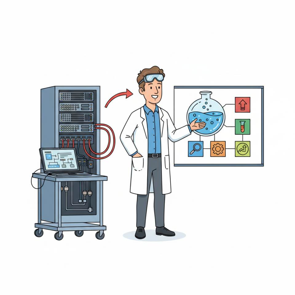 Ilustración cómic de un técnico de laboratorio con bata y gafas de protección en un banco de laboratorio con pipetas e instrumentos de medición