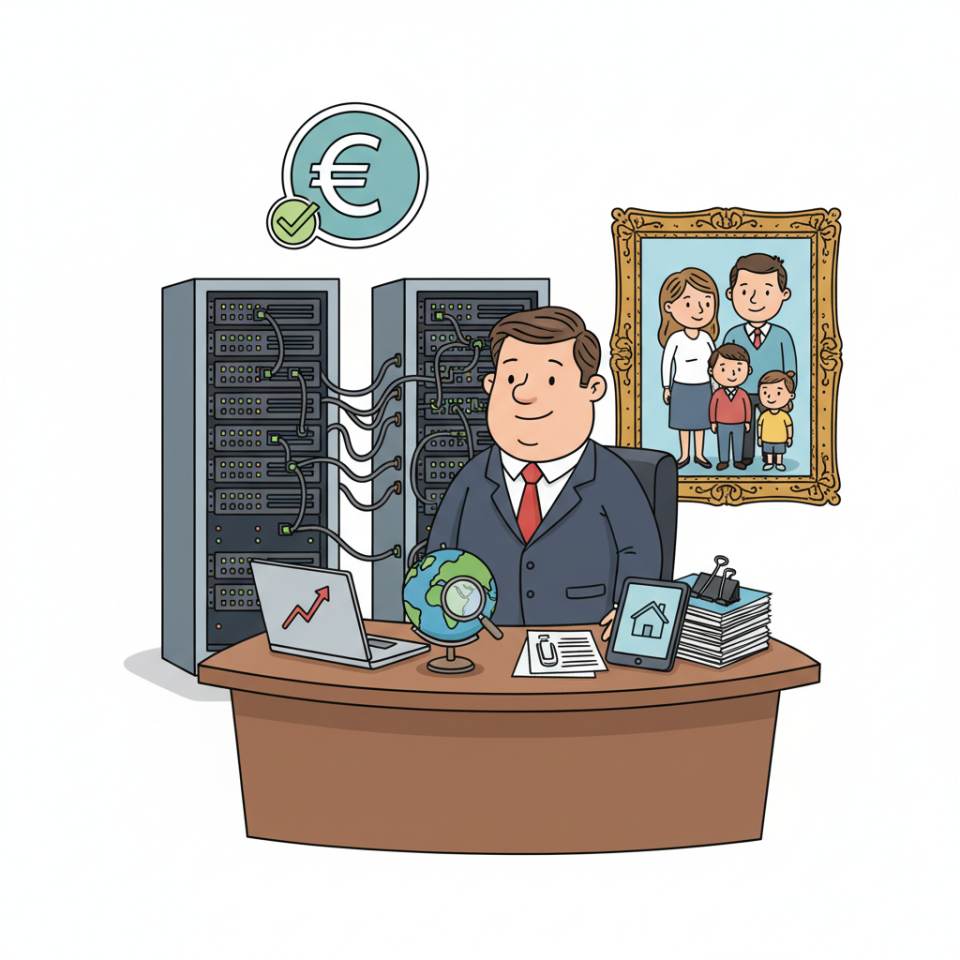 Ilustración cómica de un agente de seguros en el escritorio con portátil, documentos contractuales y asesoramiento al cliente