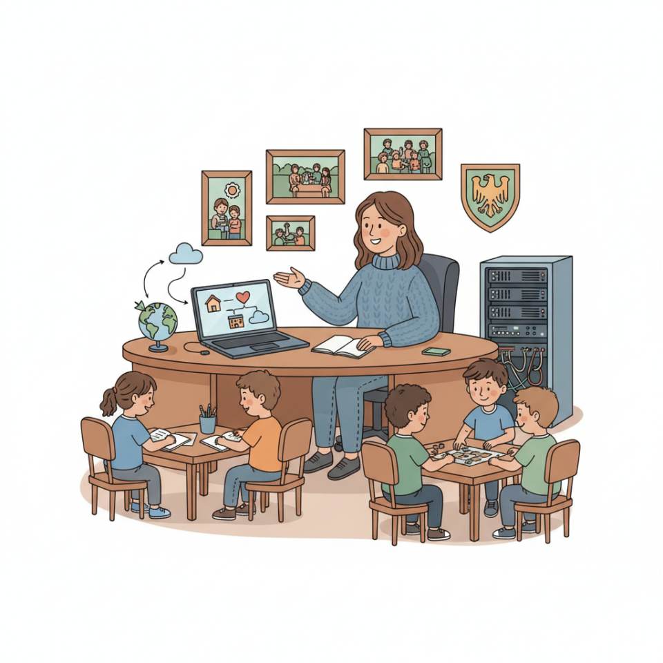 Gençlik merkezinde gençlerle grup etkinliği yürüten sosyal pedagogun çizgi roman tarzı illüstrasyonu